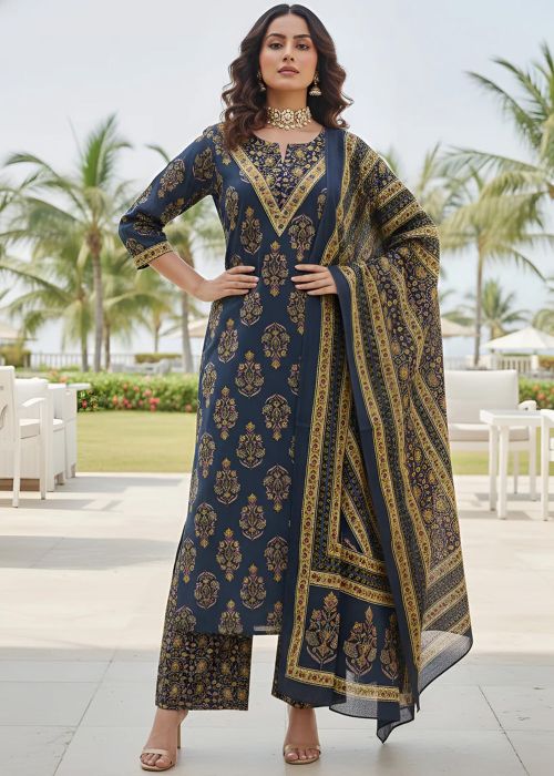 Navy Blue Printed Cotton Suit With Dupatta