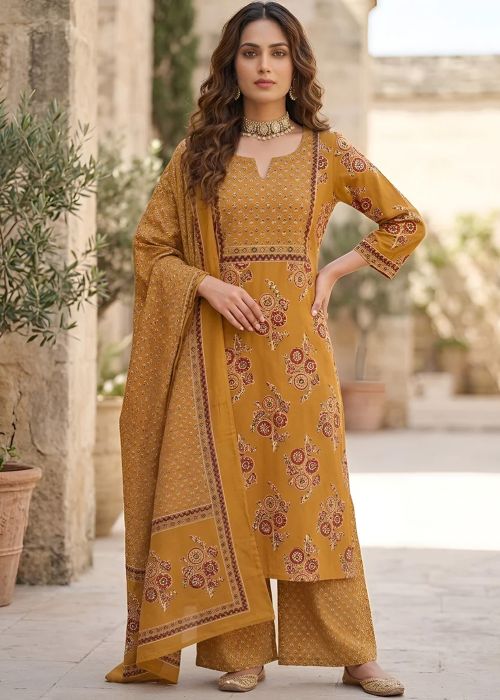 Yellow Printed Cotton Palazzo Suit With Dupatta