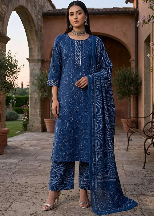 Blue Cotton Palazzo Suit With Print Work