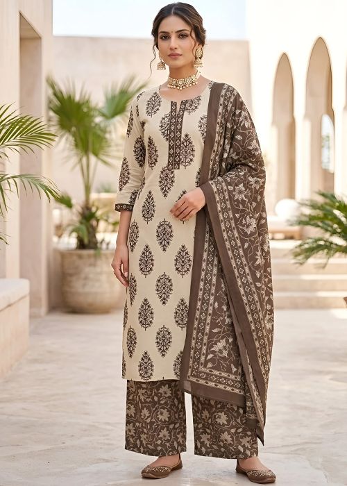Beige Cotton Palazzo Suit With Printed Dupatta
