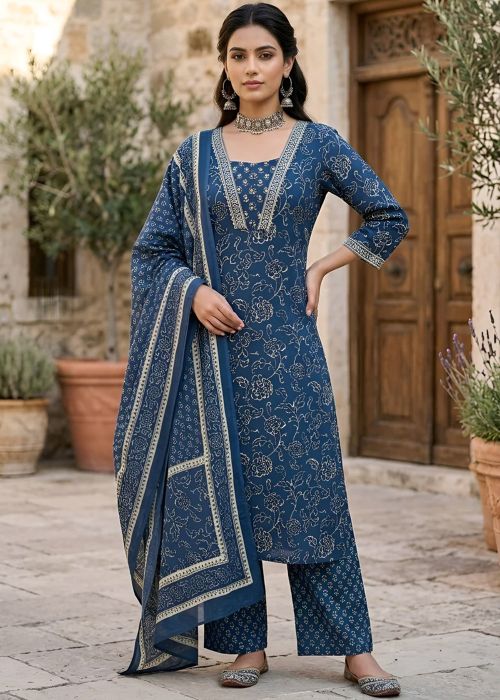 Dusty Blue Cotton Suit With Floral Print