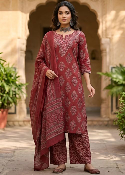 Rust Red Cotton Suit With Traditional Print Work