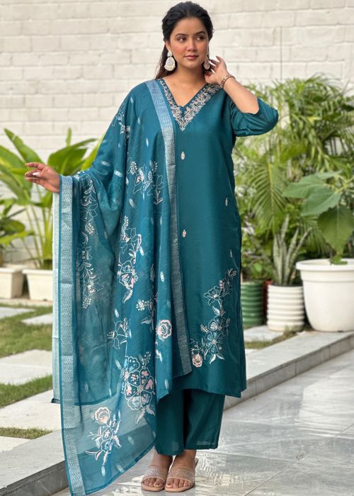 Teal Blue Art Silk Suit With Floral Dupatta