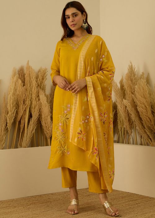 Yellow Art Silk Suit With Floral Dupatta