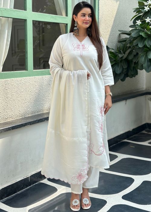 White Art Silk Pant Suit With Thread Work