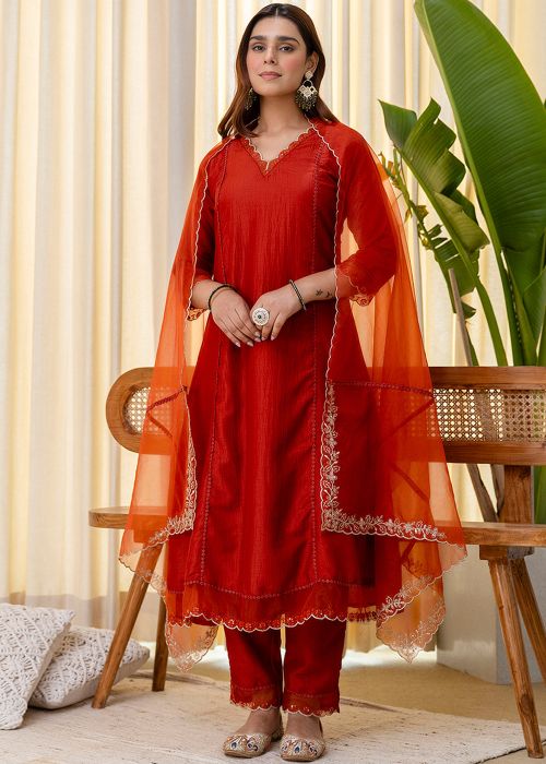 Red Art Silk Suit With Sheer Dupatta