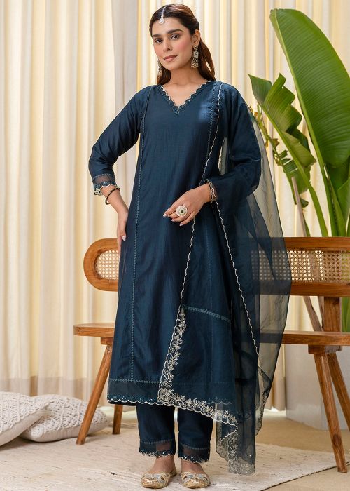Tea lBlue Art Silk Suit With Scalloped Dupatta