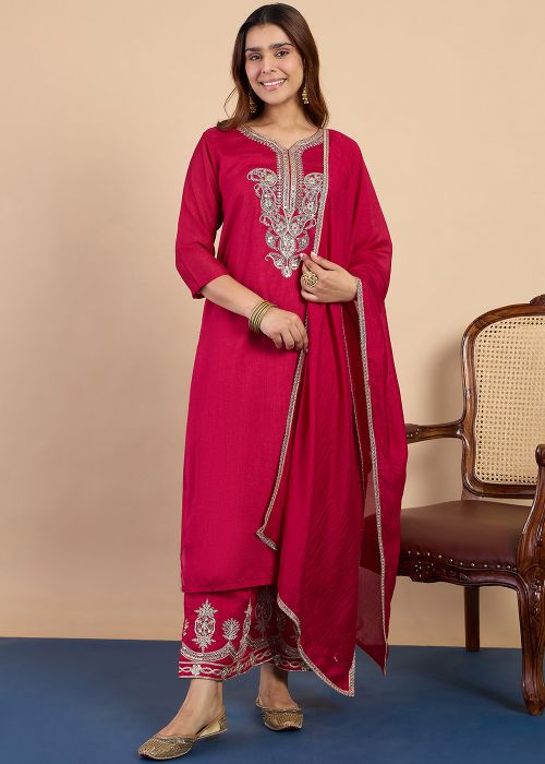 Rani Pink Palazzo Suit With Dori Embroidery