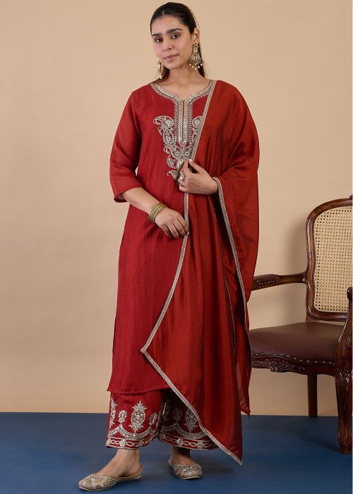 Maron Art Silk Palazzo Suit With Embroidered Border