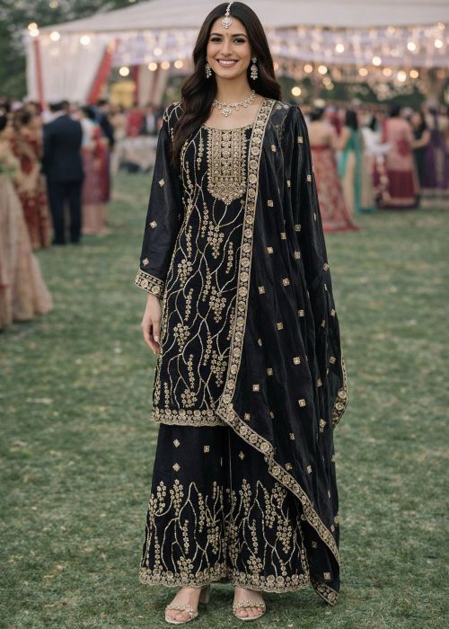 Black Art Silk Pant Suit With Zari Embroidery
