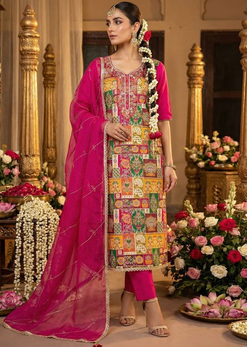 Pink Viscose Pant Suit With Woven Work