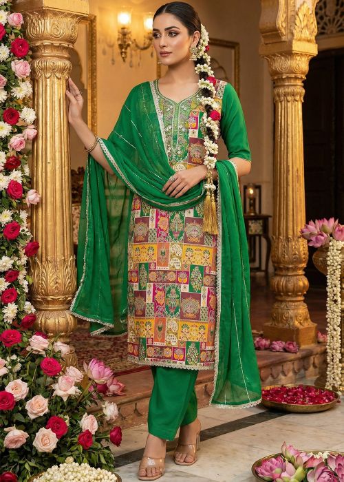 Green Viscose Suit With Woven Accent