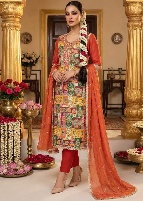 Rust Orange Viscose Suit With Woven Highlight