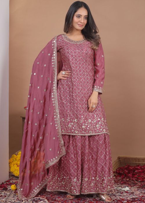 Dusty Pink Chiffon Sharara Suit With Sequins