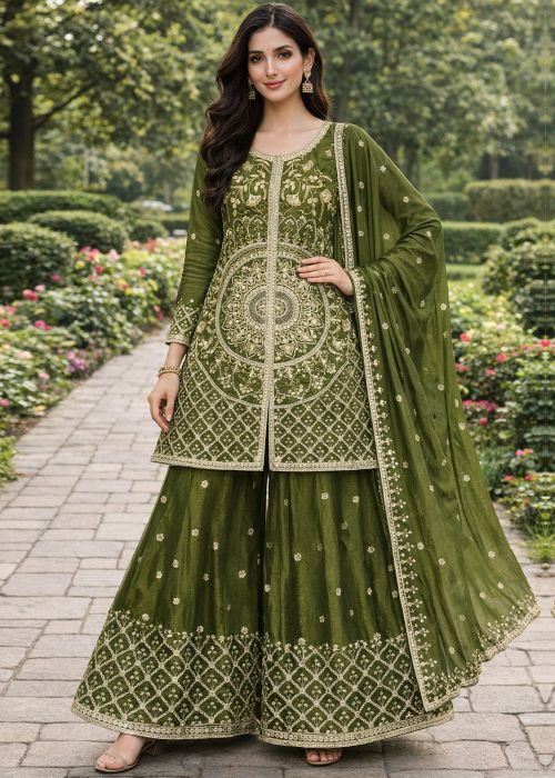 Green Chiffon Sharara Suit With Dori Work