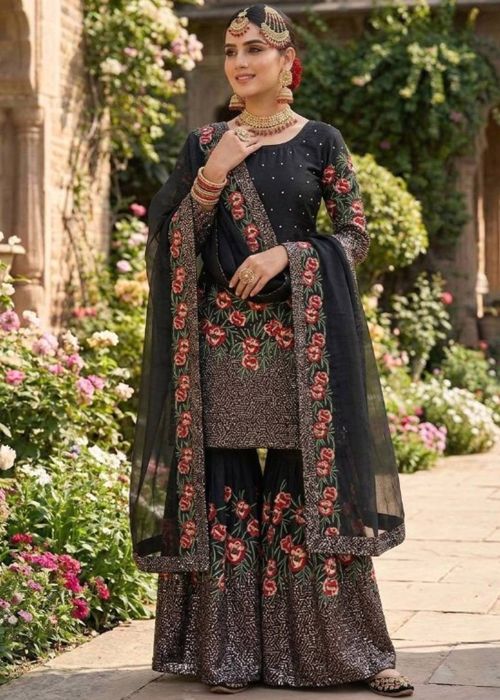 Black Art Silk Sharara Suit With Floral Work