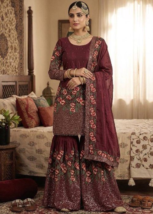 Wine Art Silk Sharara Suit With Floral Embroidery