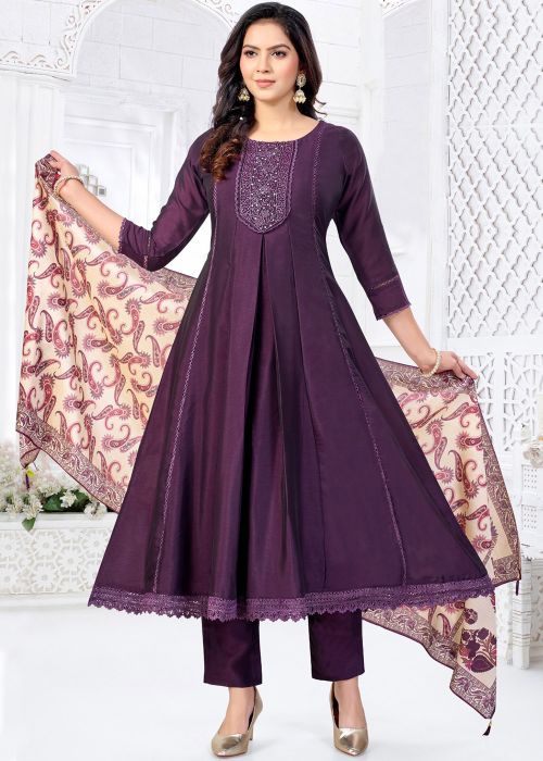 Purple Silk Anarkali Suit With Thread Work