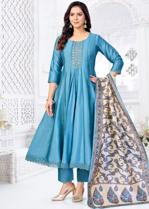 Blue Silk Anarkali Suit With Embroidered Yoke