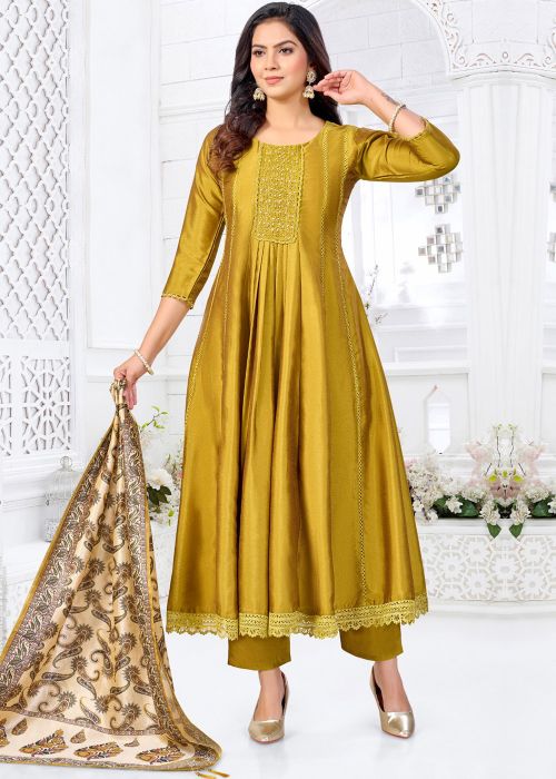 Mustard Yellow Silk Suit With Embroidered Neckline