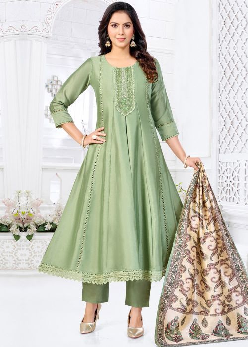 Pista Green Silk Suit With Thread Embroidery