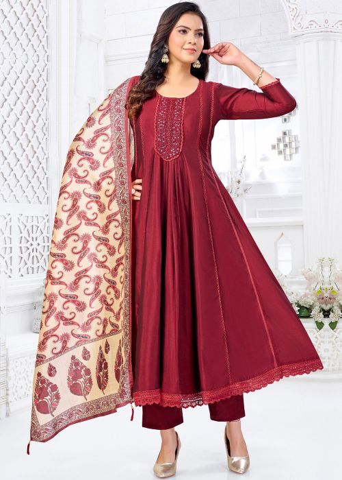 Maroon Silk Anarkali Suit With Yoke Work