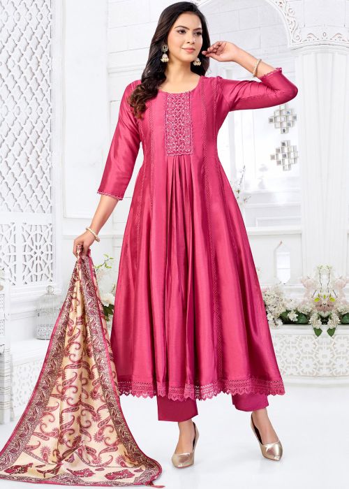 Rani Pink Silk Suit With Embroidered Yoke