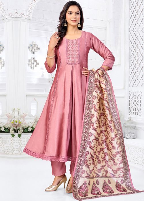Dusty Pink Silk Suit With Thread Embroidery