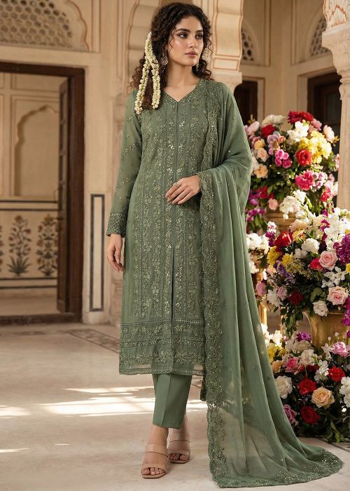 Green Georgette Suit With Thread Embroidery