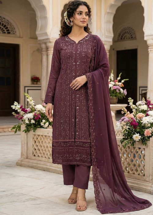 Mauve Purple Georgette Suit With Sequin Embroidery
