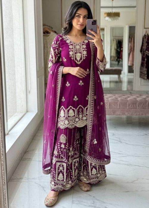 Purple Georgette Sharara Suit With Zari Work