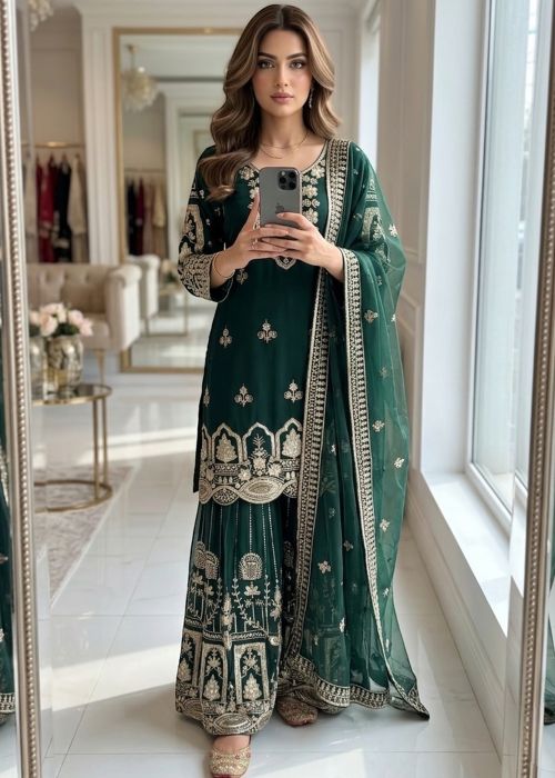 Green Georgette Sharara Suit With Sequin Work
