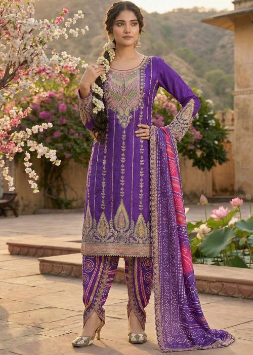 Purple Chiffon Dhoti Suit With Bandhej Work