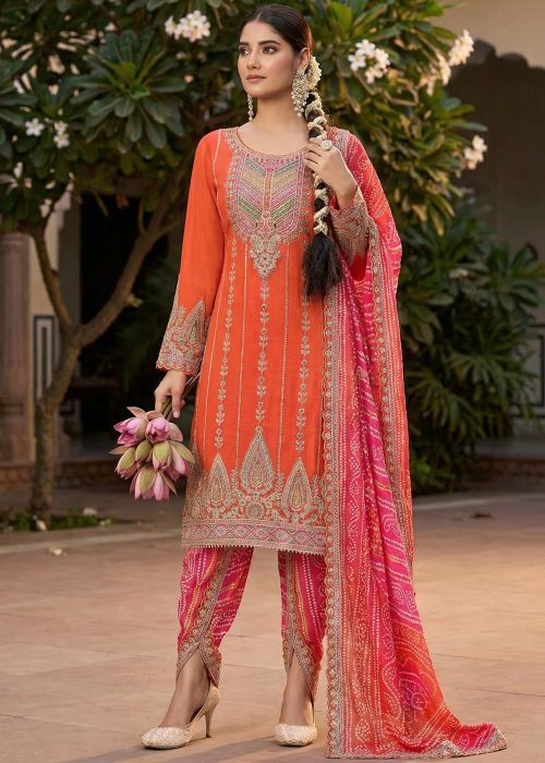 Orange Chiffon Dhoti Suit With Bandhej Print