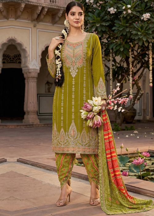 Green Chiffon Dhoti Suit With Zari Work