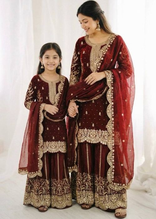 Maroon Silk Embellished Mother Daughter Combo Set