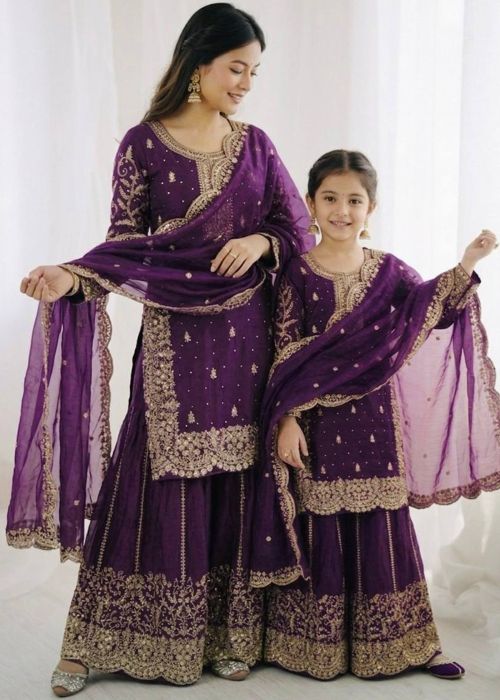 Purple Embroidered Silk Mother Daughter Combo Set