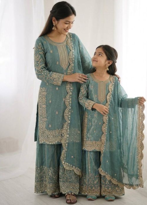 Blue Silk Mother Daughter Combo With Zari Work