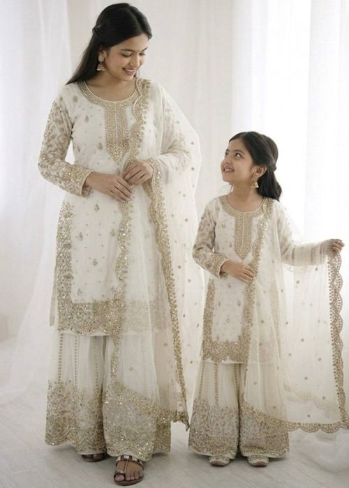 Cream Silk Embellished Mother Daughter Combo Set