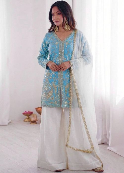 Sky Blue Art Silk Palazzo Suit With Zari Work