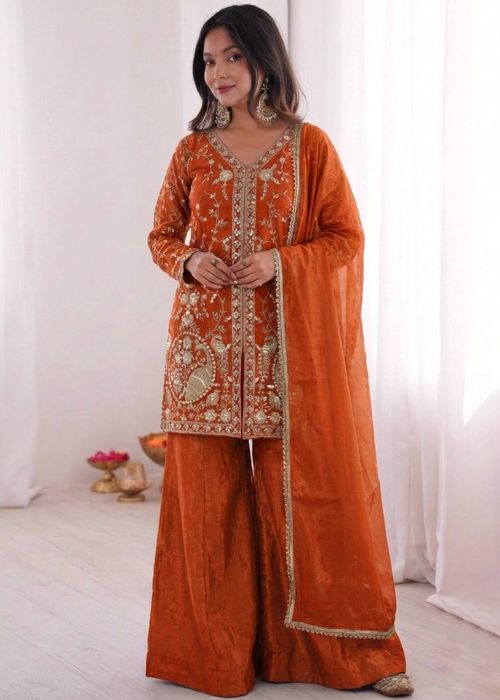 Rust Orange Art Silk Palazzo Suit With Zari Accent