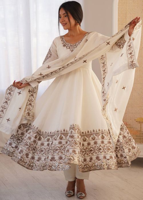 Cream Art Silk Anarkali Suit With Sequins Work