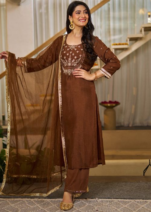 Brown Art Silk Suit With Embroidered Neck