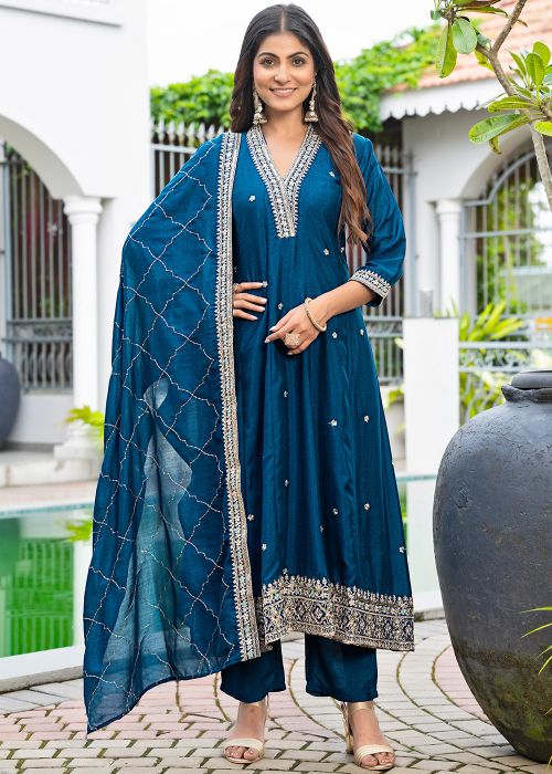 Teal Blue Art Silk Anarkali Suit With Dori Border