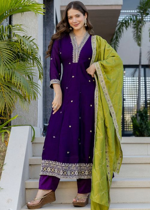 Purple Art Silk Anarkali Suit With Thread Work