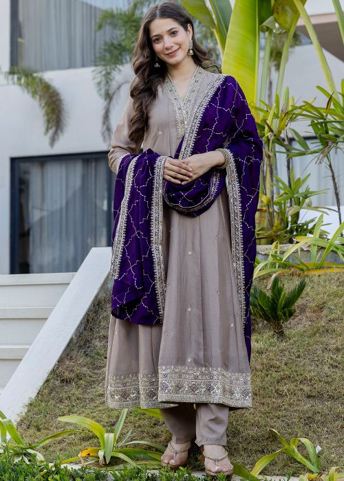 Beige Art Silk Anarkali Suit With Thread Accent