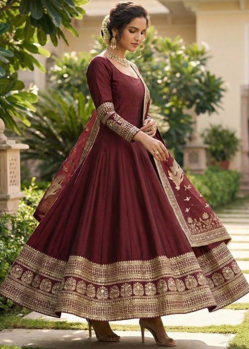 Maroon Art Silk Anarkali Suit With Zari Border