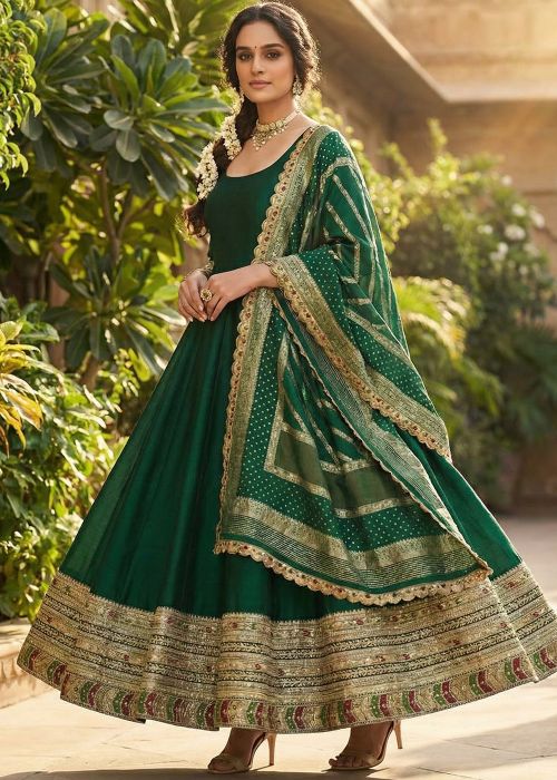 Green Art Silk Anarkali Suit With Woven Dupatta