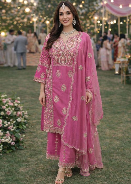 Pink Shimmer Suit With Floral Thread Work