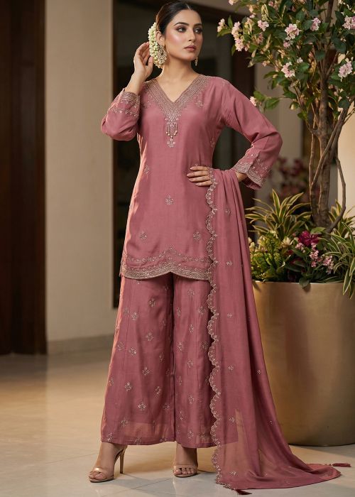 Mauve Pink Art Silk Palazzo Suit With Zari Embroidery